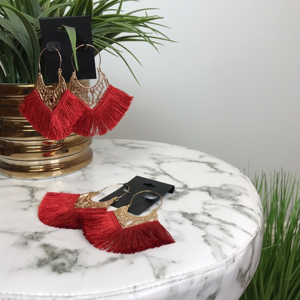 ‼️ Brick Red Thread Fan Earrings Boho Chic Gold - Picture 6 of 8